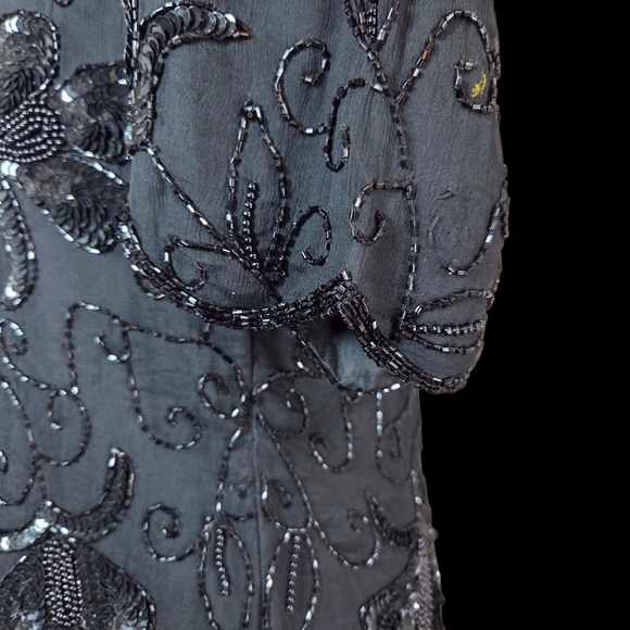 Stenay Black Beaded Floral Silk Blouse With Scalloped Sleeves And Hem Size Small - Picture 6 of 7